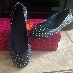 Tory Burch Navy and White Polka Dot Flats